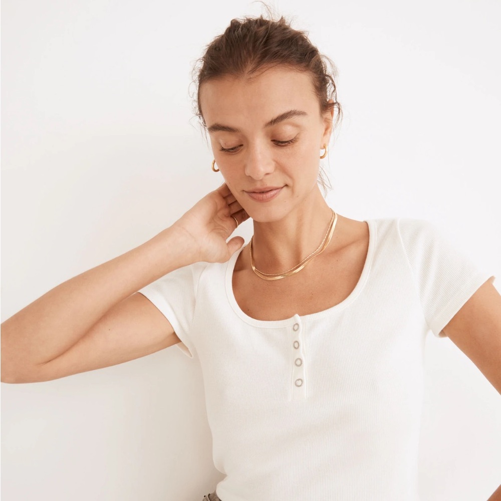 Madewell White Ribbed Crop Henley Tee